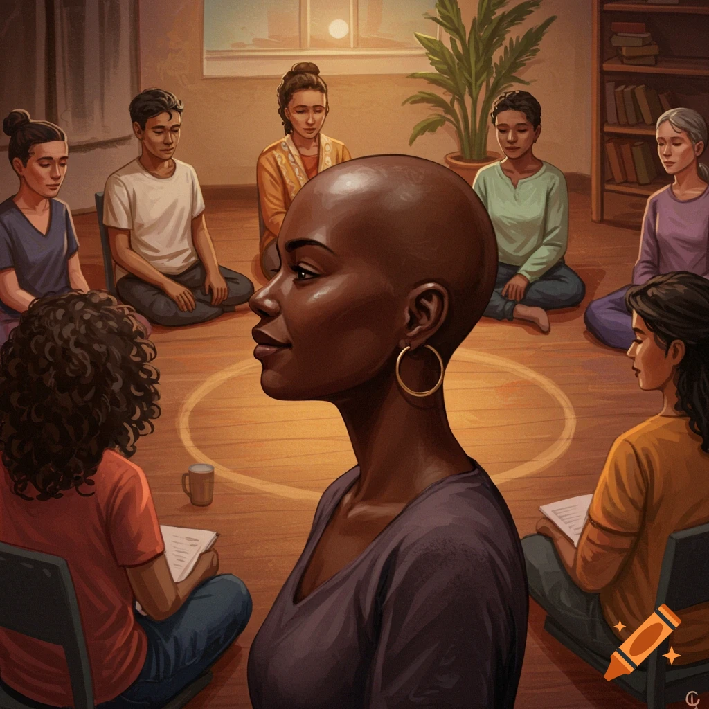 A diverse group of people stand in a circle, with a bald woman in the foreground.