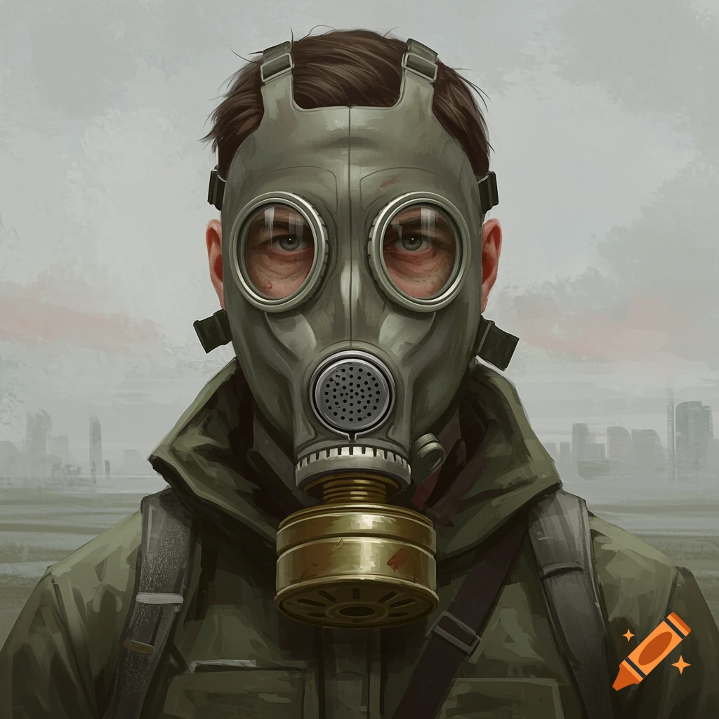 A person wearing a gas mask is standing against a hazy city background.