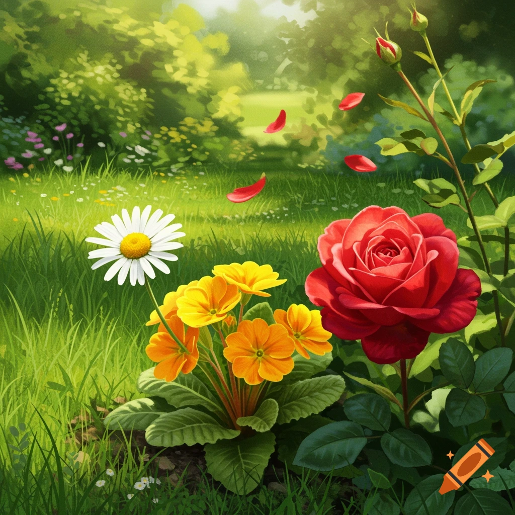 A garden with a red rose, daisy, and primroses, with petals falling.