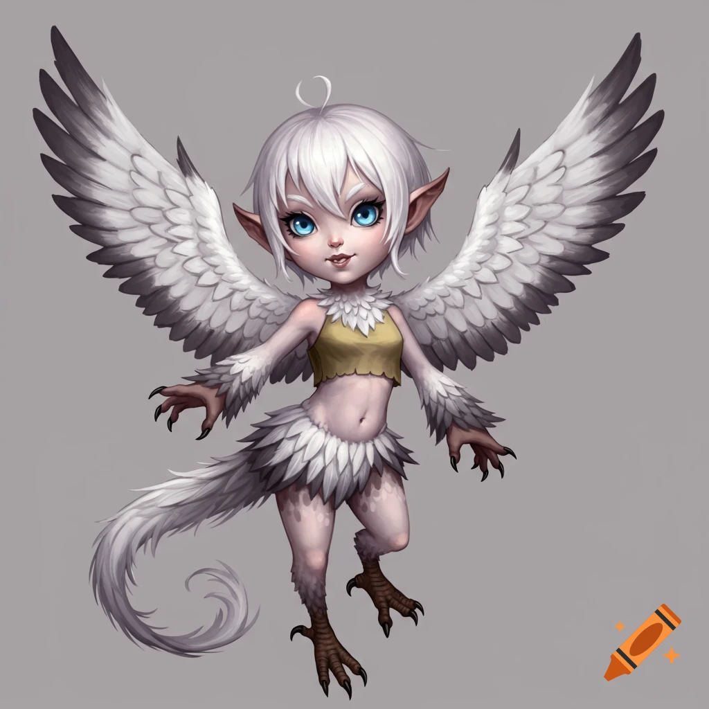Cartoon harpy with white wings and hair, blue eyes, wearing a crop top and skirt.