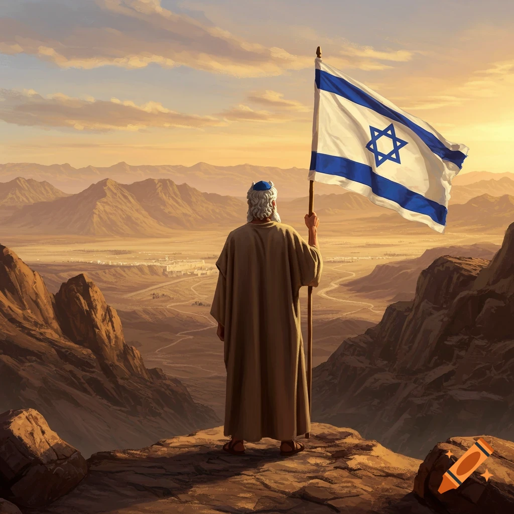 Figure resembling Moses on a mountain holding an Israeli flag, overlooking a valley.