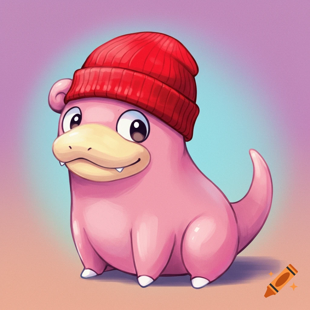 Slowpoke wearing a red beanie hat.