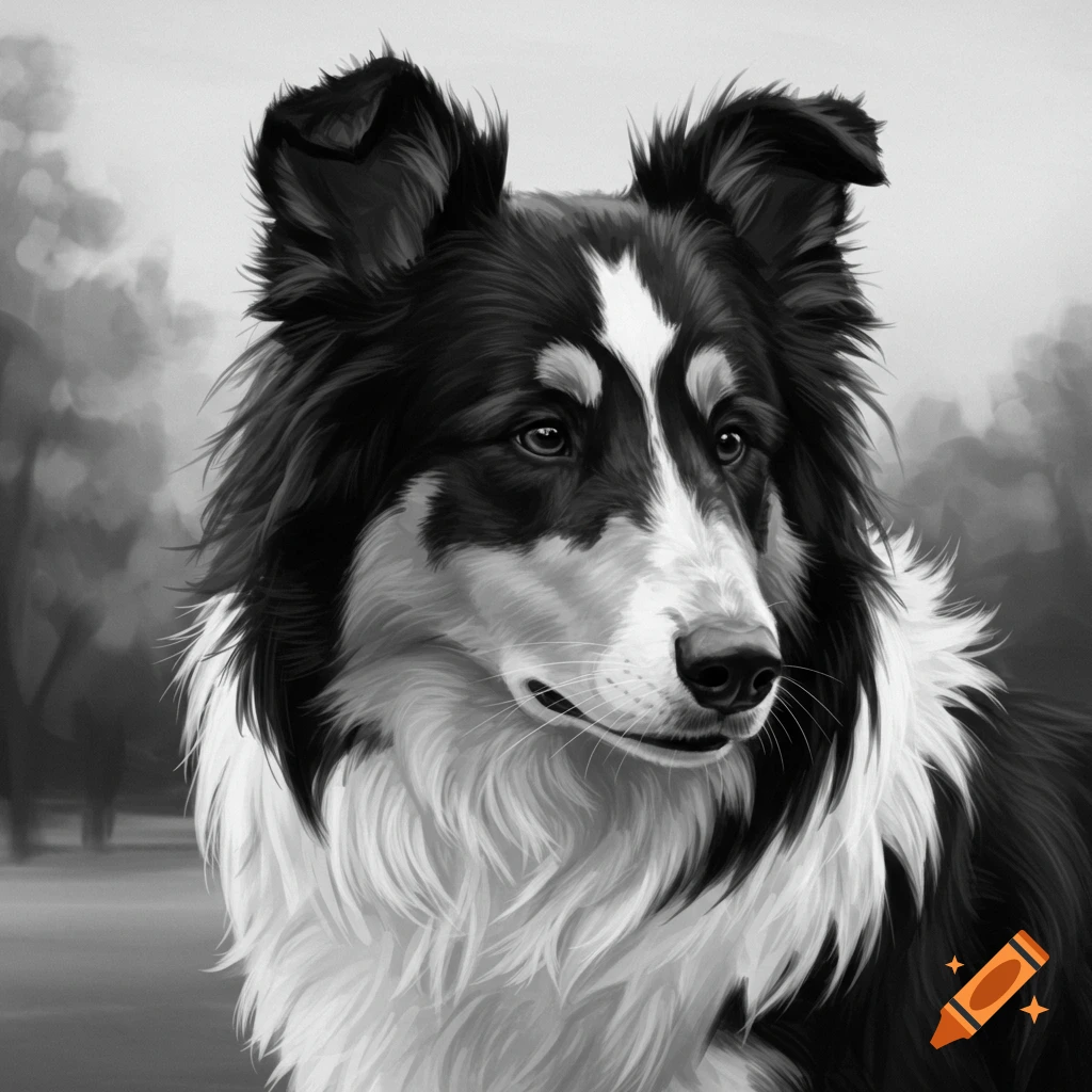 A black and white border collie dog looking to the side.