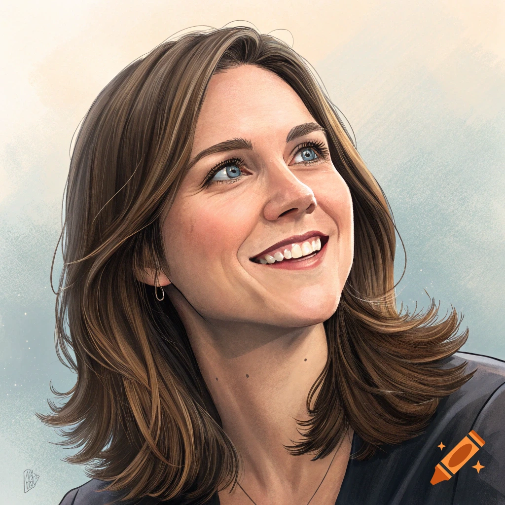 Close-up digital illustration of a woman with brown hair looking up and smiling.