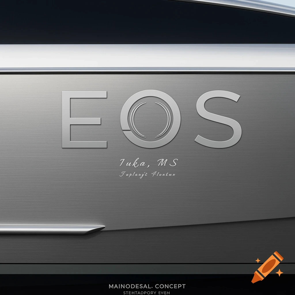 Close-up of a metallic surface with raised silver text 'EOS' and smaller text 'Iuka, MS' below.