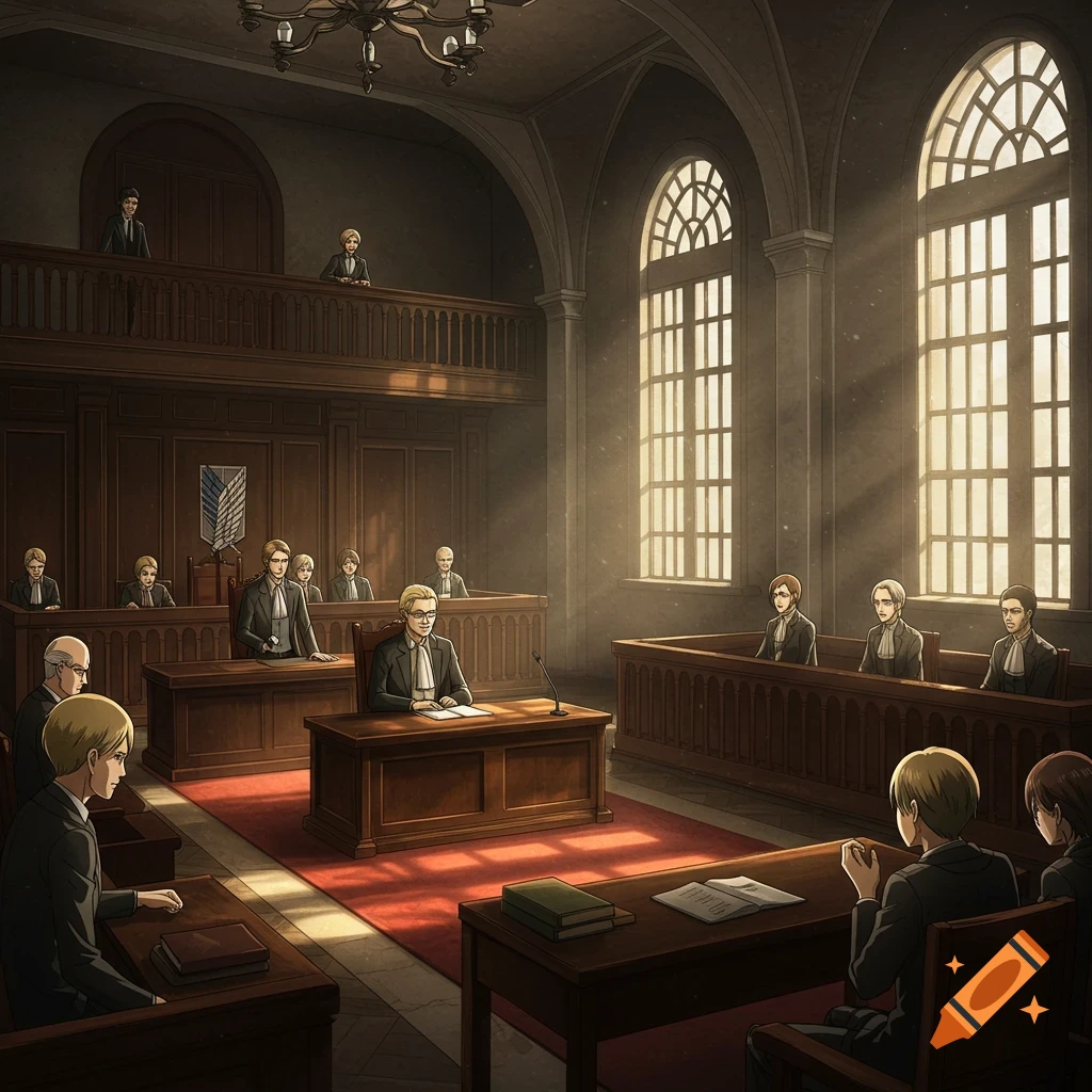 Anime style courtroom scene with characters, sunlight streaming through windows, Attack on Titan emblem
