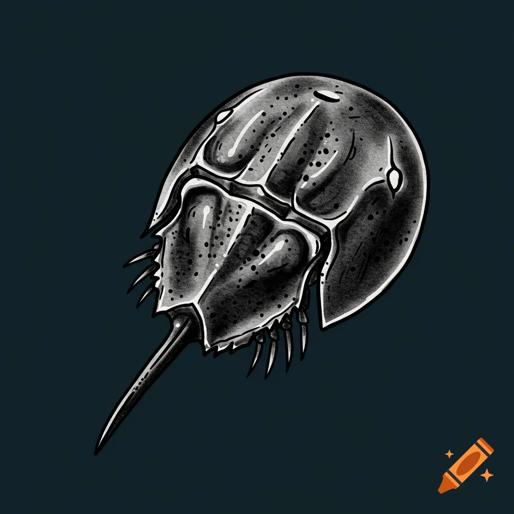Illustration of a horseshoe crab in black ink traditional tattoo style against a dark background.