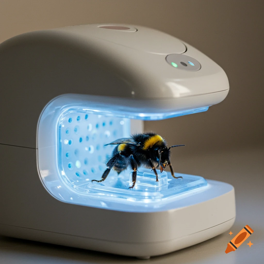 A bumblebee sits on a platform under a blue light from a white phototherapy-like device.