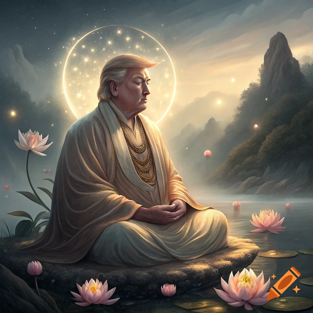 Donald Trump meditating as a bodhisattva in a serene landscape with lotus flowers and halo.