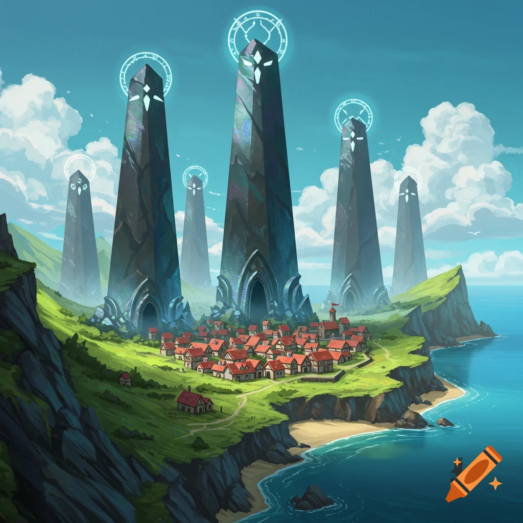A coastal village overlooked by tall magical towers with glowing tops.