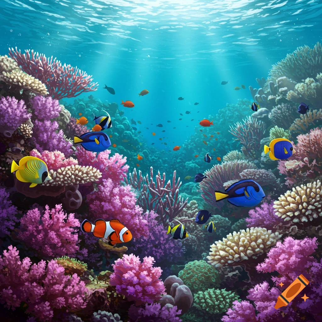 Colorful tropical fish swimming among vibrant coral reefs in clear blue water.
