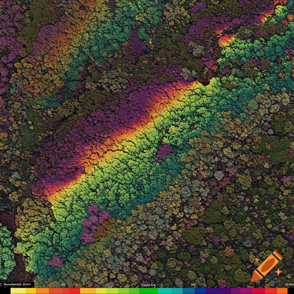 Aerial view of a forest with a false-color overlay resembling hyperspectral or thermal data, showing variation across the landscape.