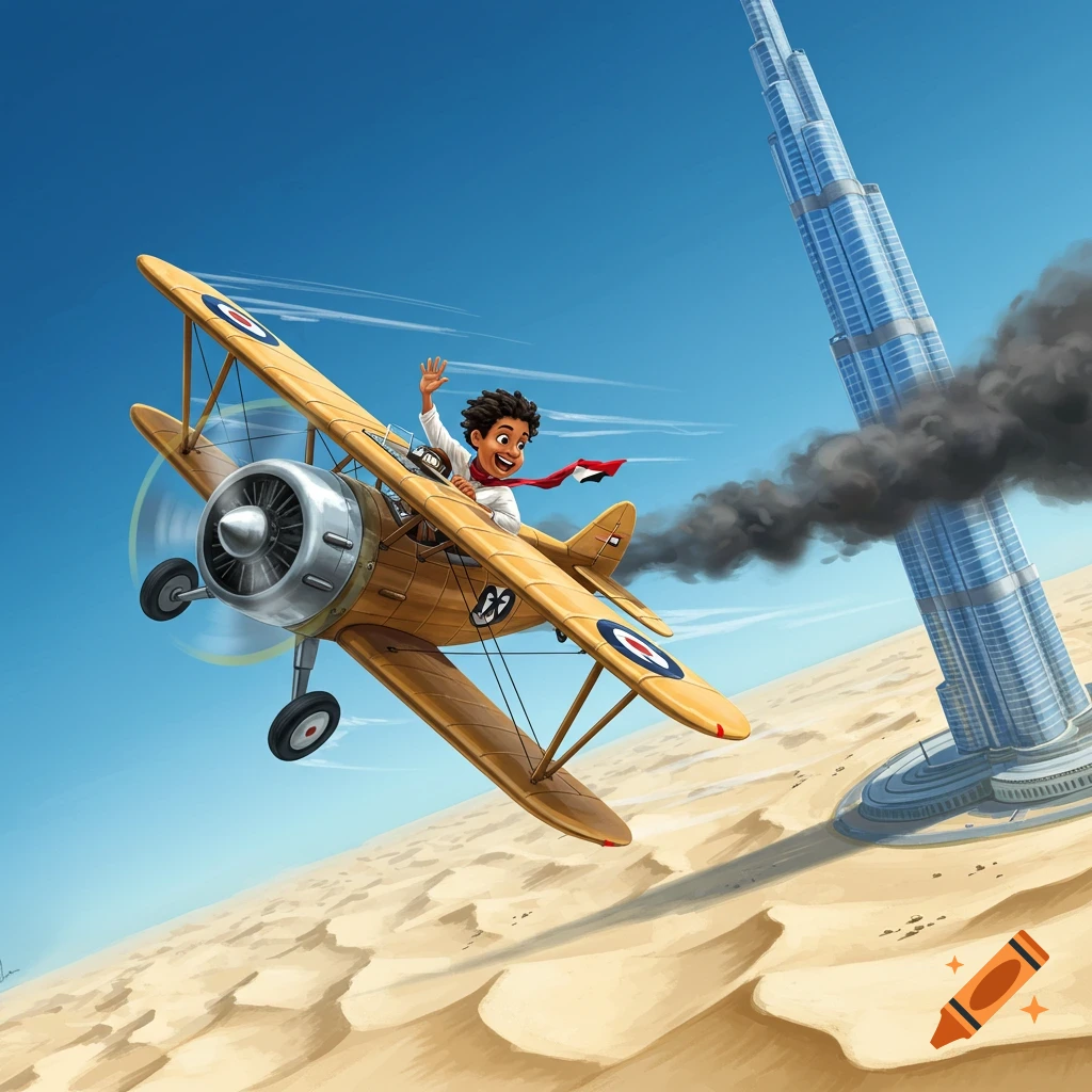 Cartoon illustration of a boy in a biplane flying over a desert towards a tall skyscraper with smoke.