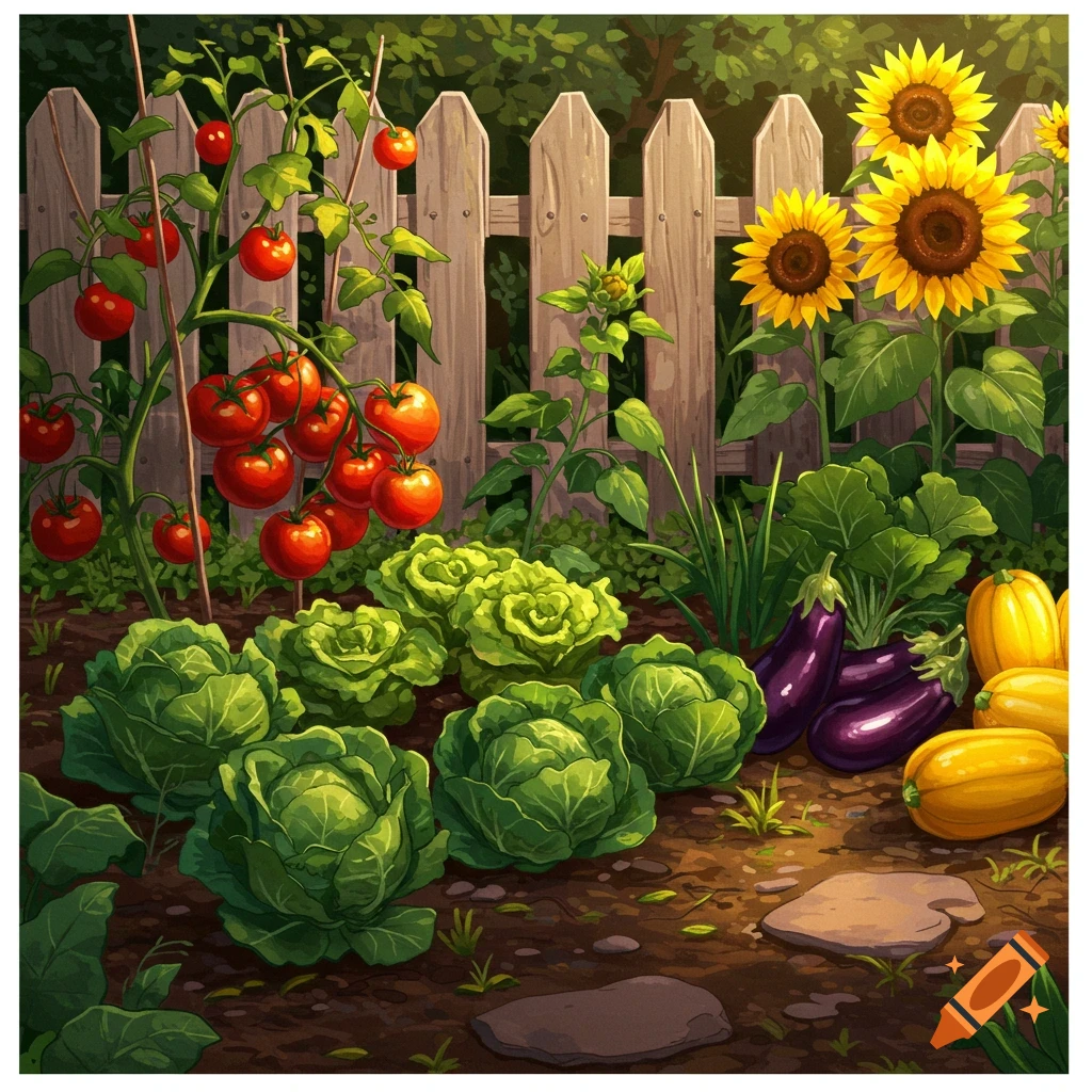 A vegetable garden with tomatoes, cabbage, eggplants, squash, sunflowers, and a wooden fence.