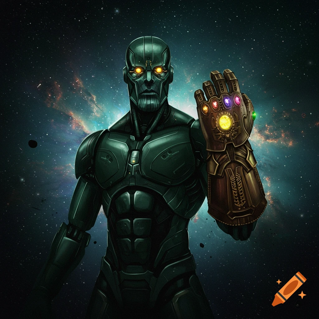 A dark green robotic figure wearing a golden gauntlet with gems in space.