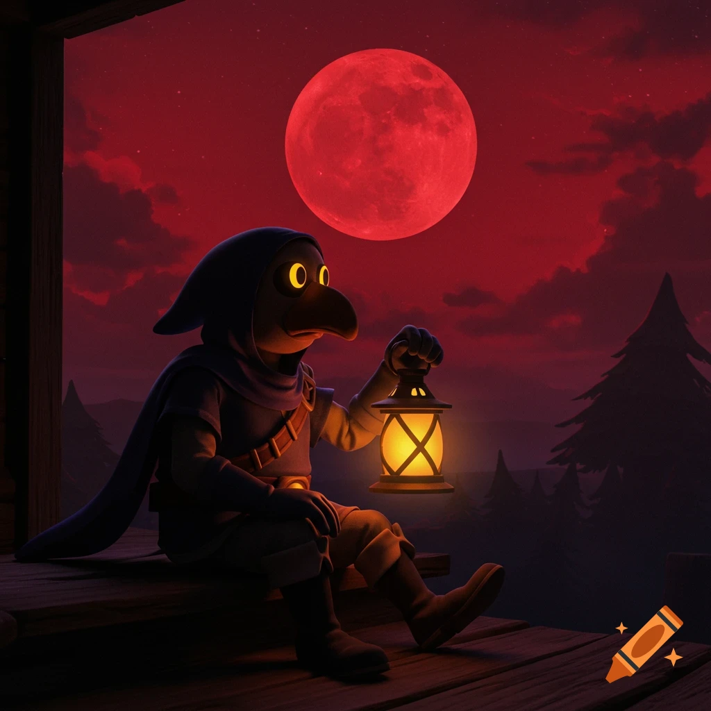Stylized character like Ravio sitting on a dock holding a lantern under a large red moon at night.