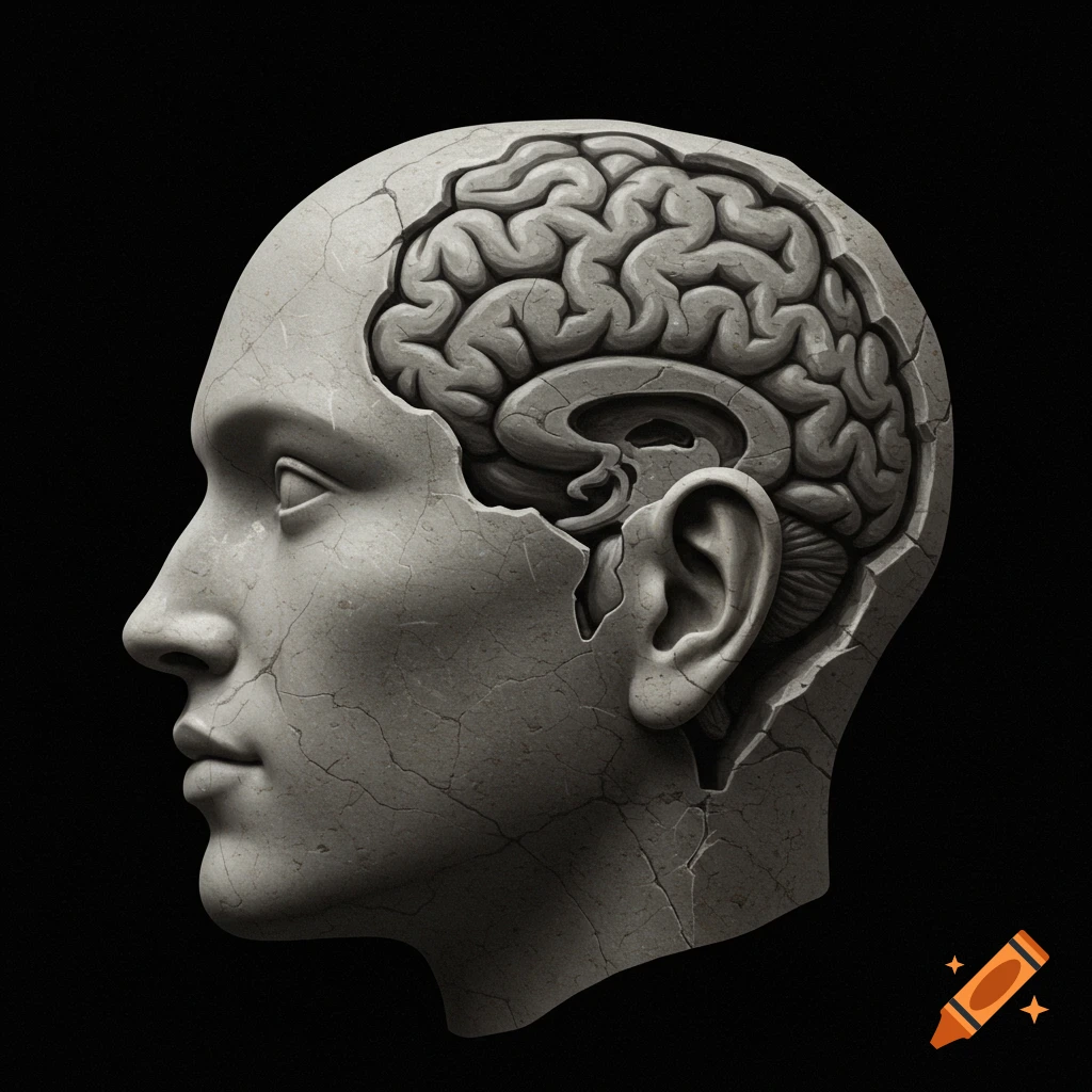 Stone head in profile with cracked surface revealing a textured stone brain and ear.