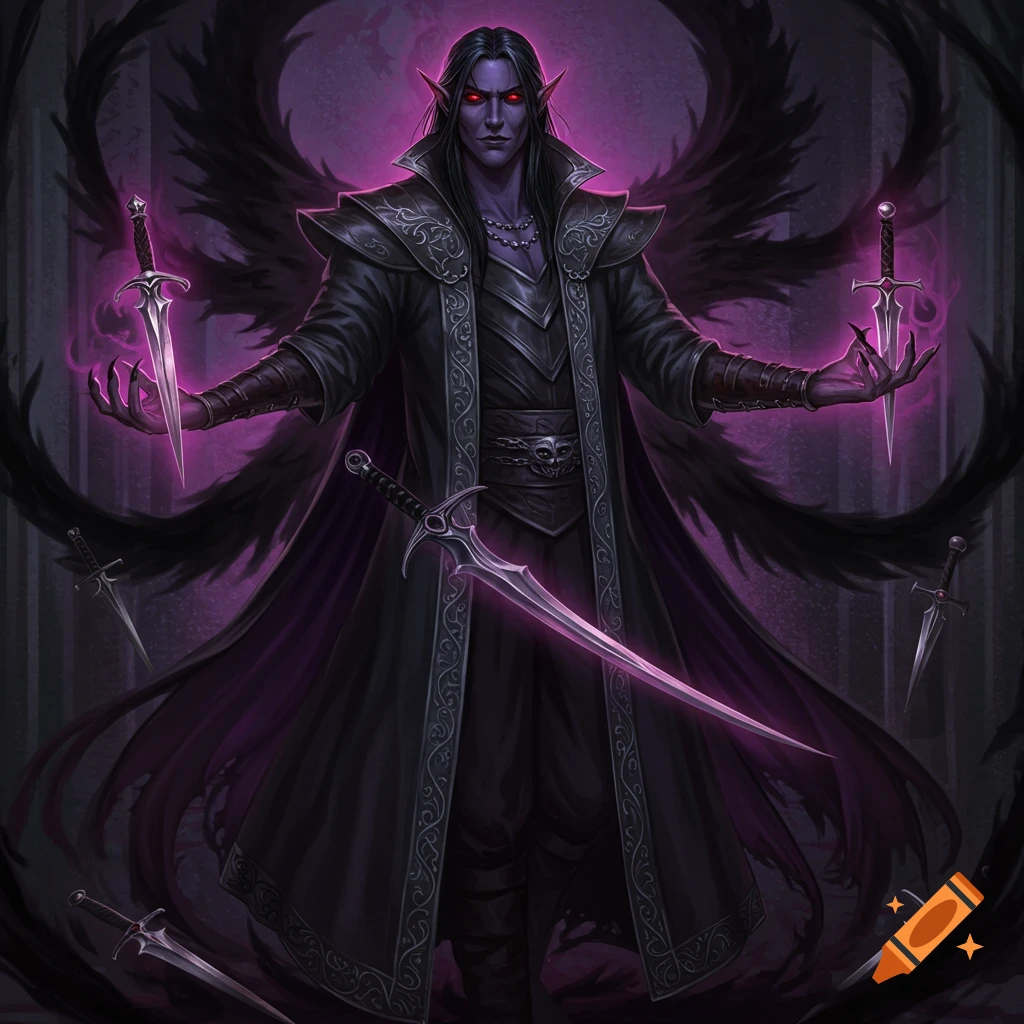 A dark elf character is holding two swords and surrounded by purple magic.