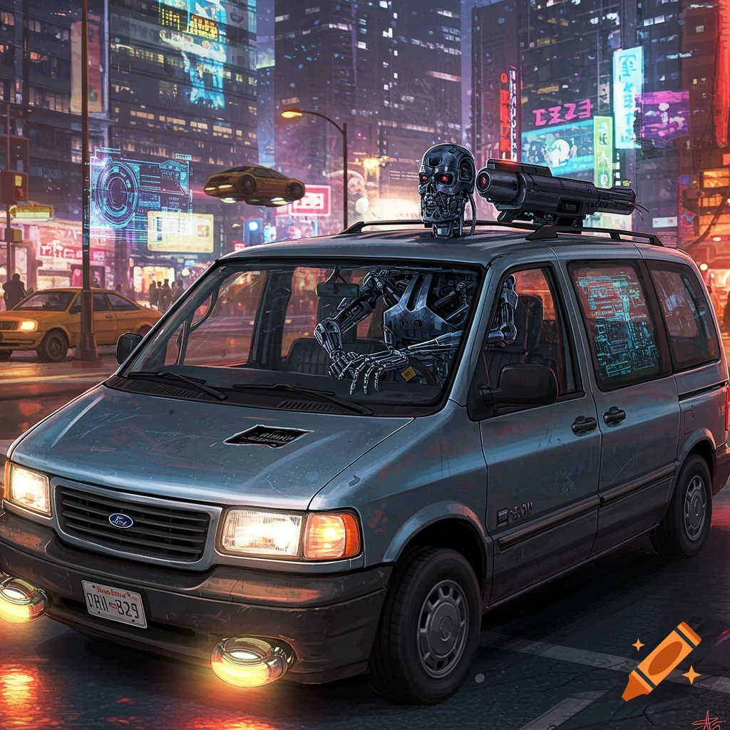 A robot driving a van through a neon-lit cyberpunk city street.