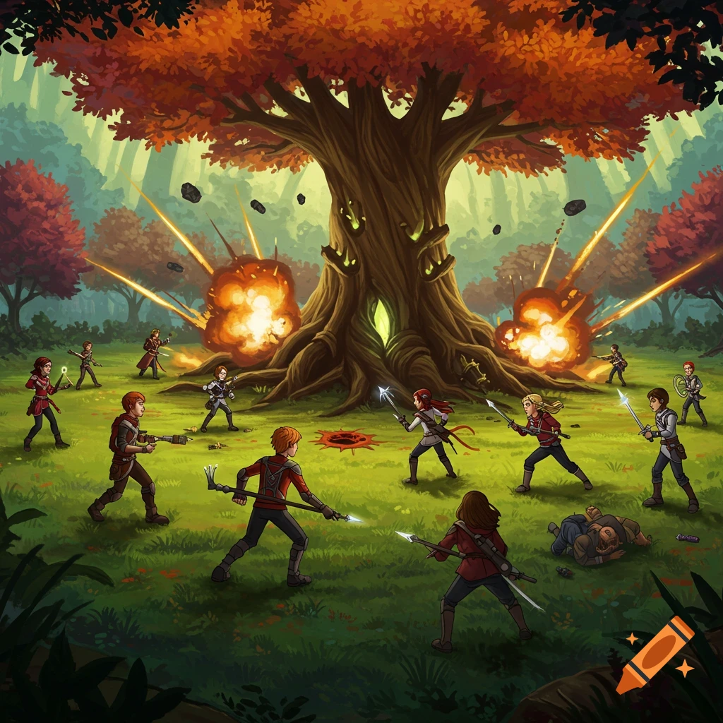 Young people are fighting with weapons around a large tree with ...