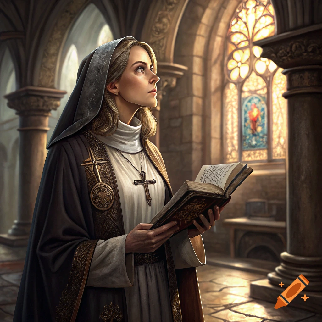 A cleric or nun holds a book and looks up in a church.