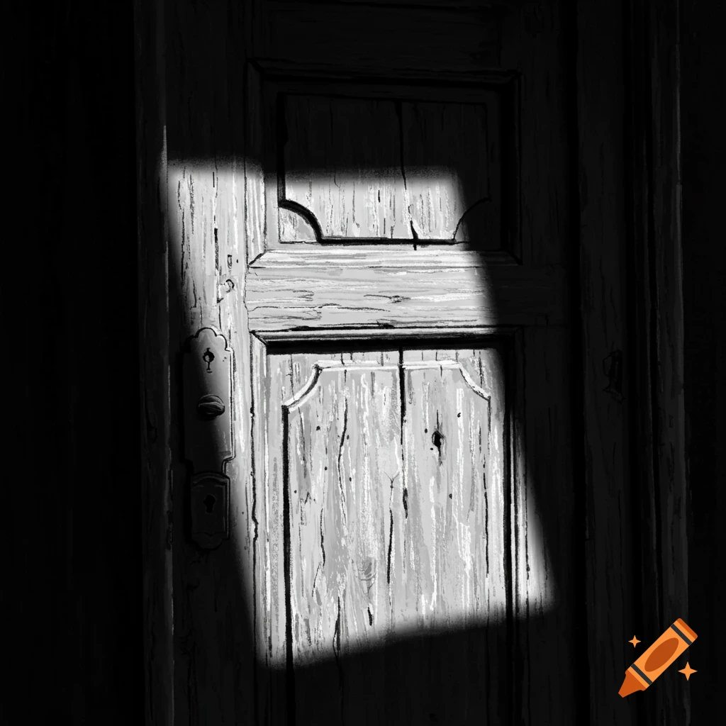 Black and white image of an old wooden door with sunlight