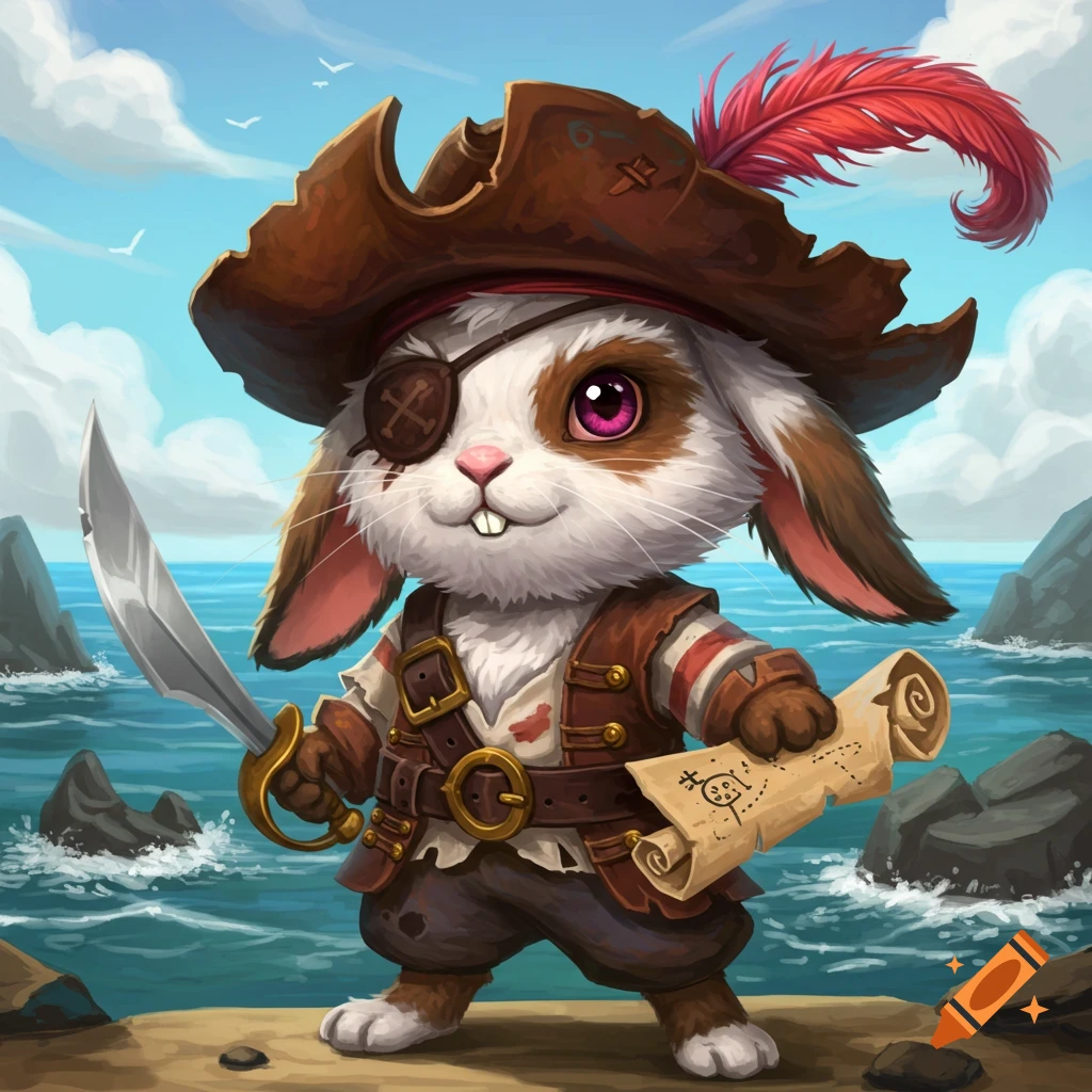 A cute bunny dressed as a pirate, standing on a rocky shore, holding a map and a sword.
