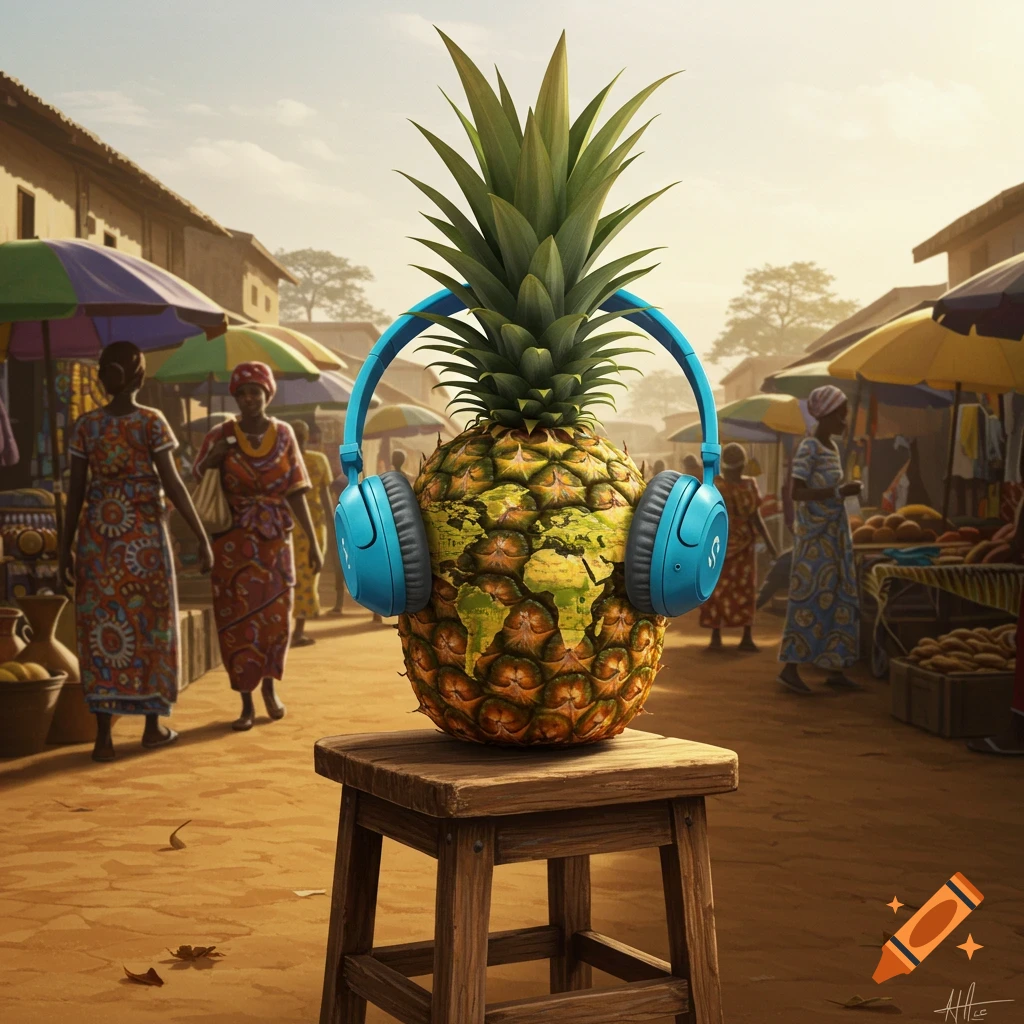 A pineapple wearing headphones with a world map texture sits on a stool in an African market.