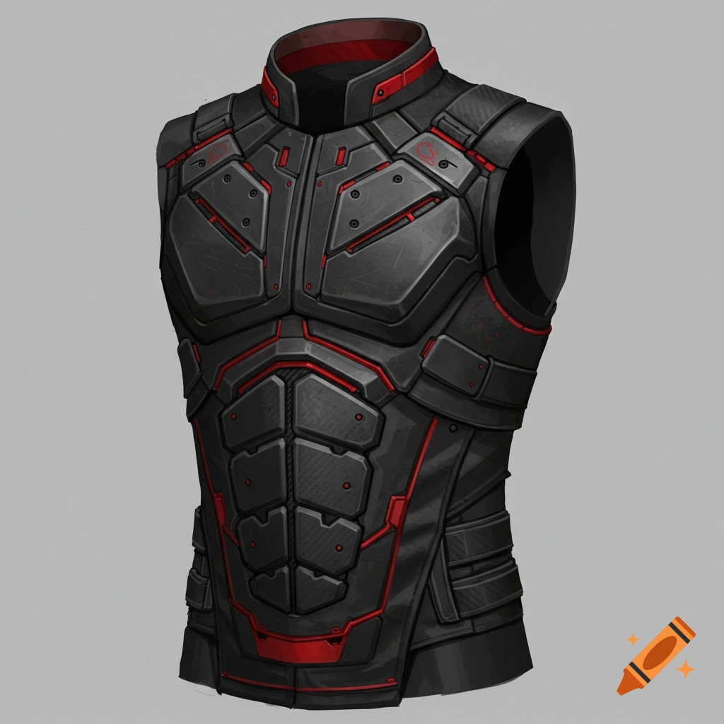 A black tactical vest with red accents and carbon fiber plating
