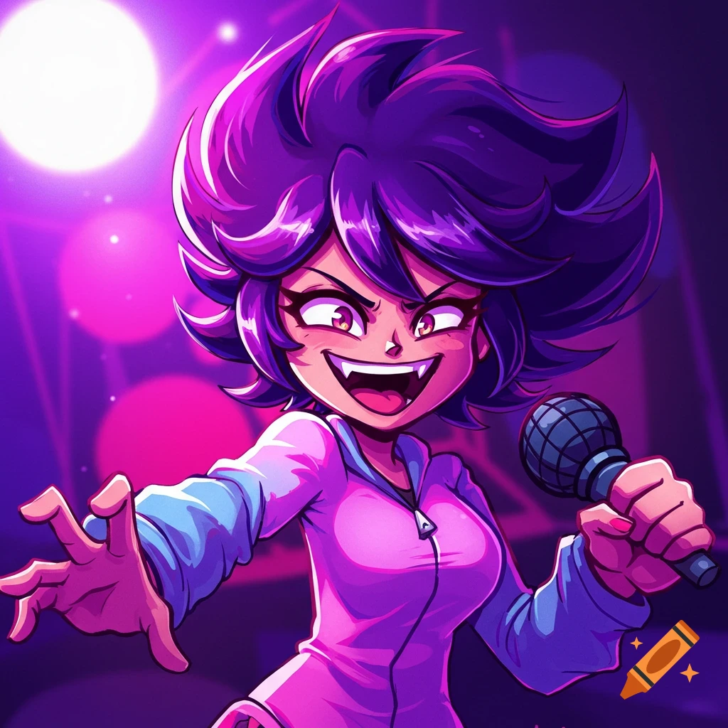 Anime style character with purple hair and fangs holding a microphone on stage