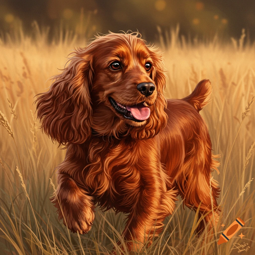 A red Cocker Spaniel in a golden field.