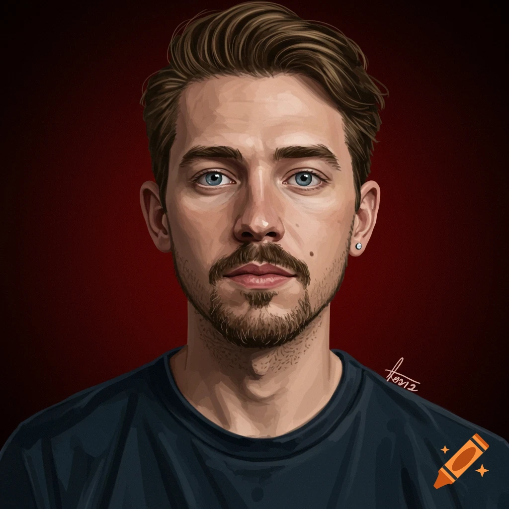 A man with brown hair and beard is depicted against a red background