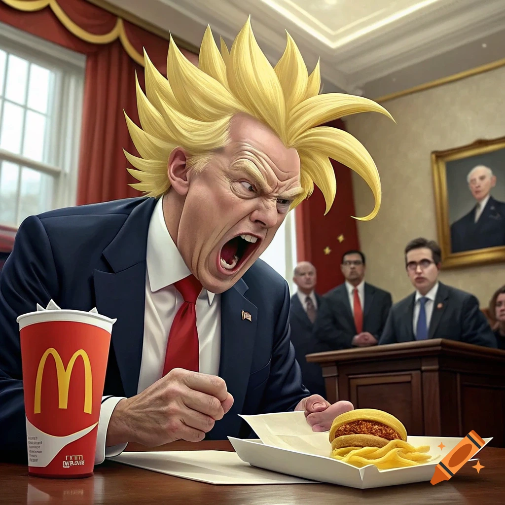 Cartoonish parody of a figure with Super Saiyan hair yelling at fast food in a meeting room.