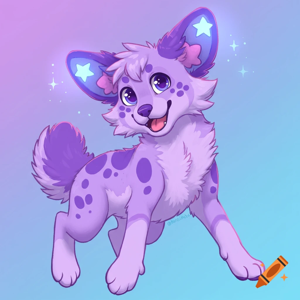 A happy purple cartoon dog with star markings on its ears.