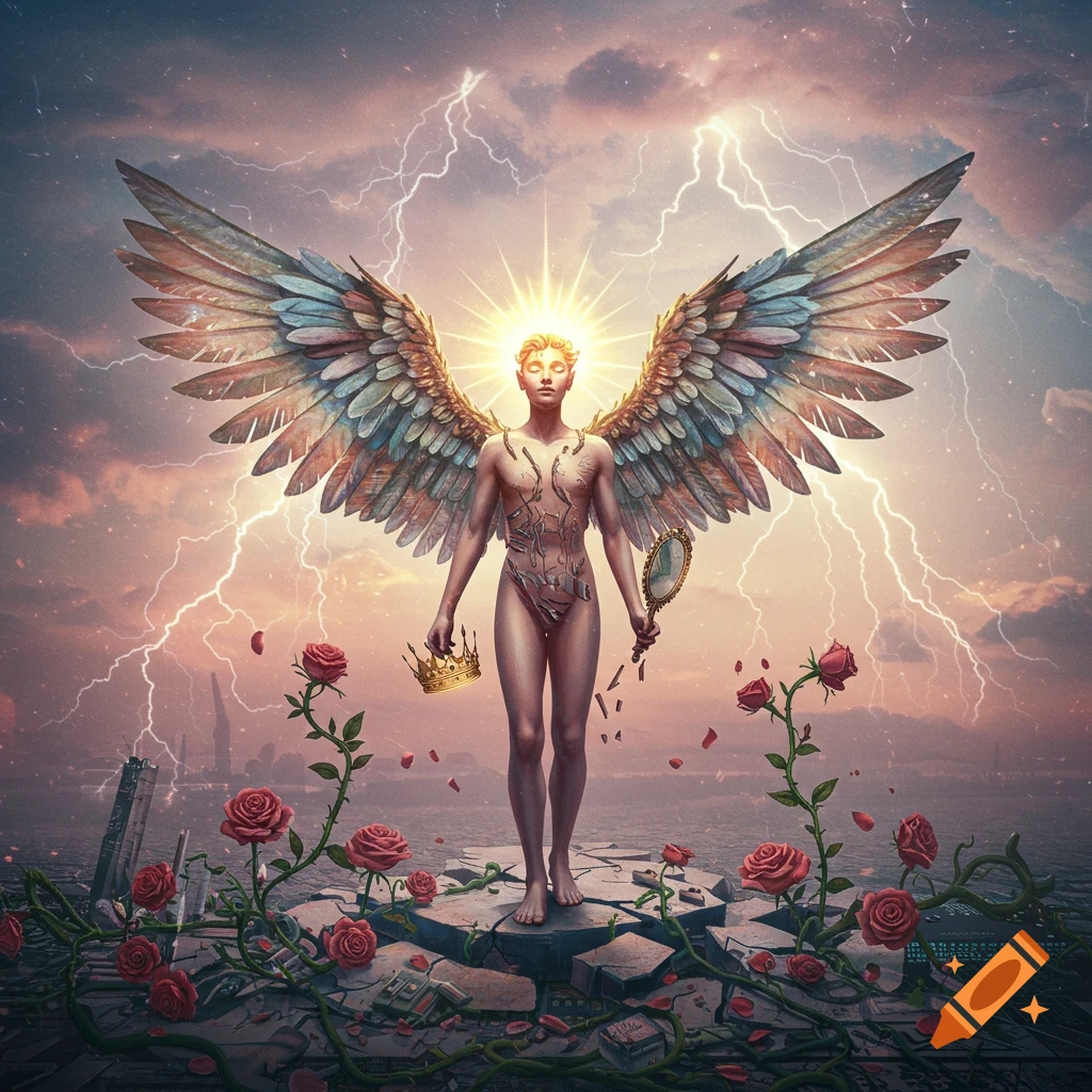 Digital art of winged figure on shattered platform with crown, mirror, roses, lightning.