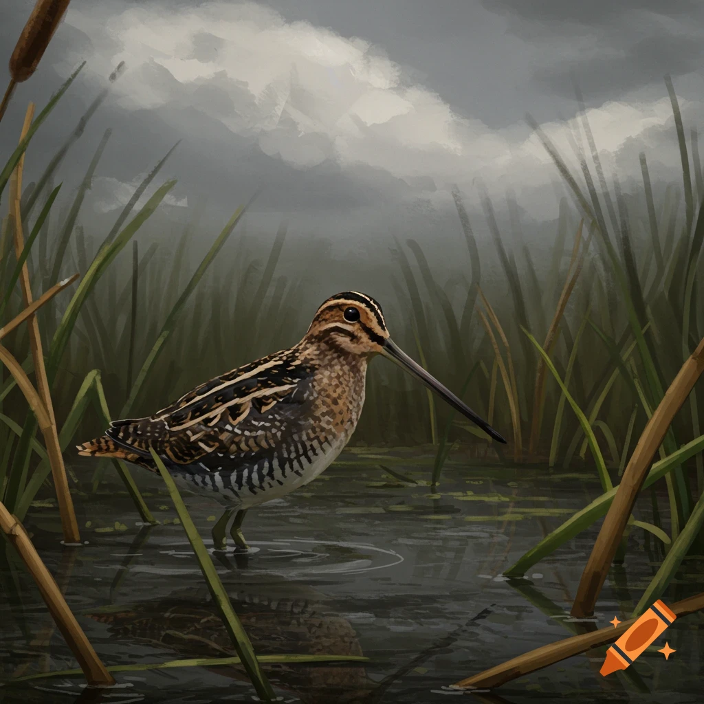 A snipe stands in shallow water in a swamp.