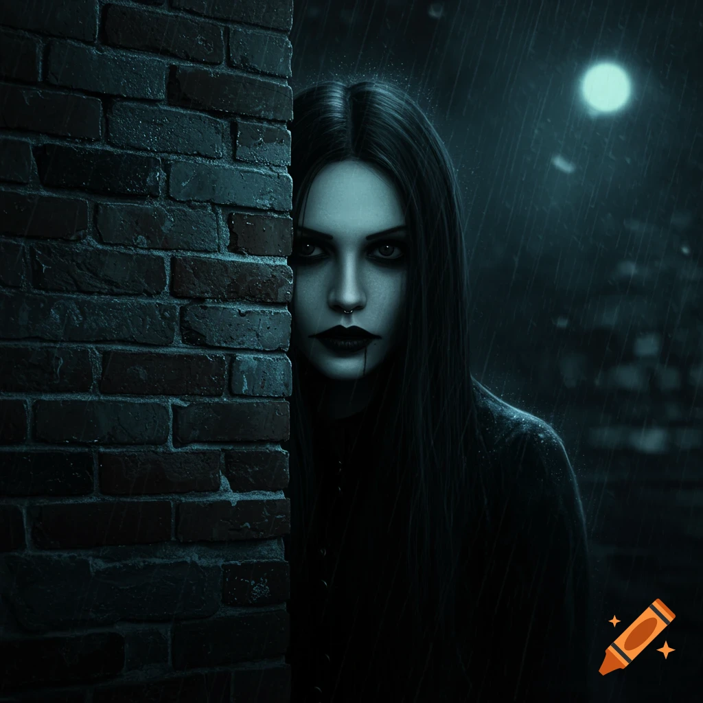 Gothic woman with dark makeup peeking from behind a brick wall on a rainy night.