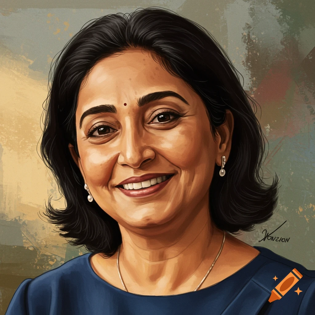 Smiling woman with short dark hair and a bindi, wearing a blue top.