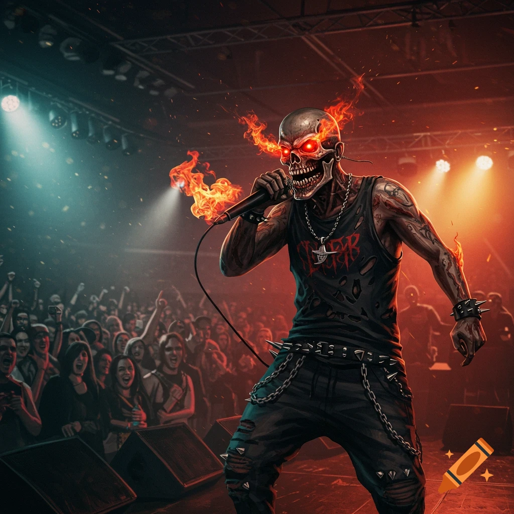 A skeleton-like figure with flaming eyes performs on stage at a concert, singing into a microphone.