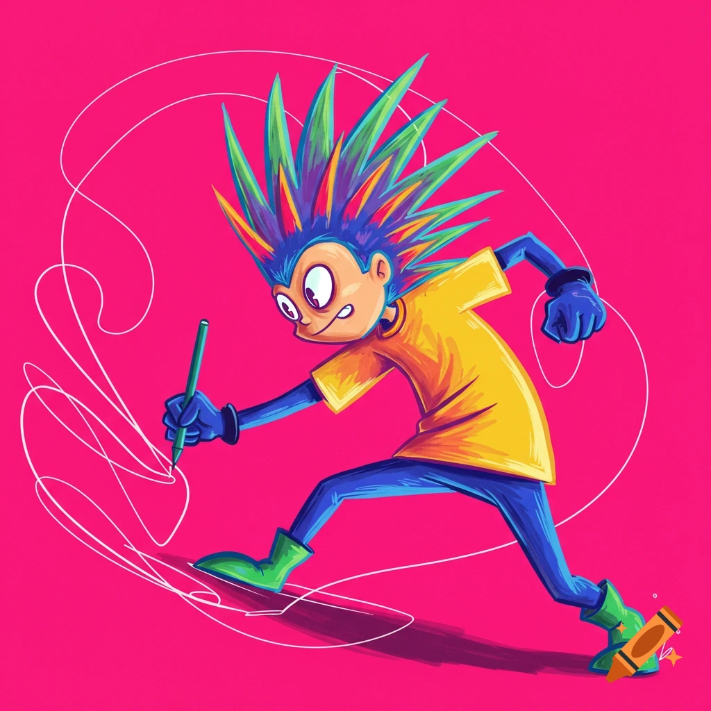 A colorful image of a cartoon character with spiky hair drawing sideways on a pink background.