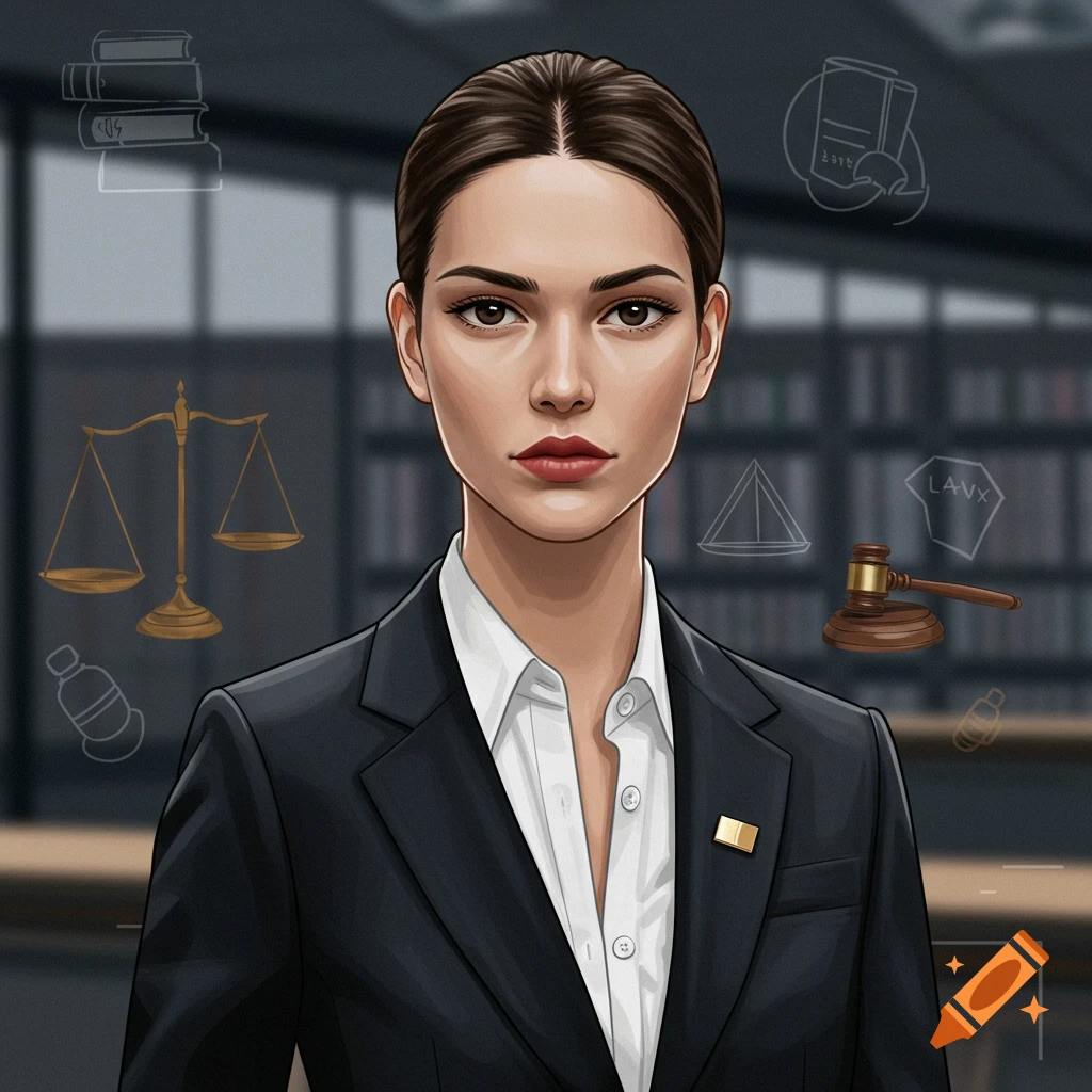 Digital illustration of a female lawyer in a suit with legal symbols.