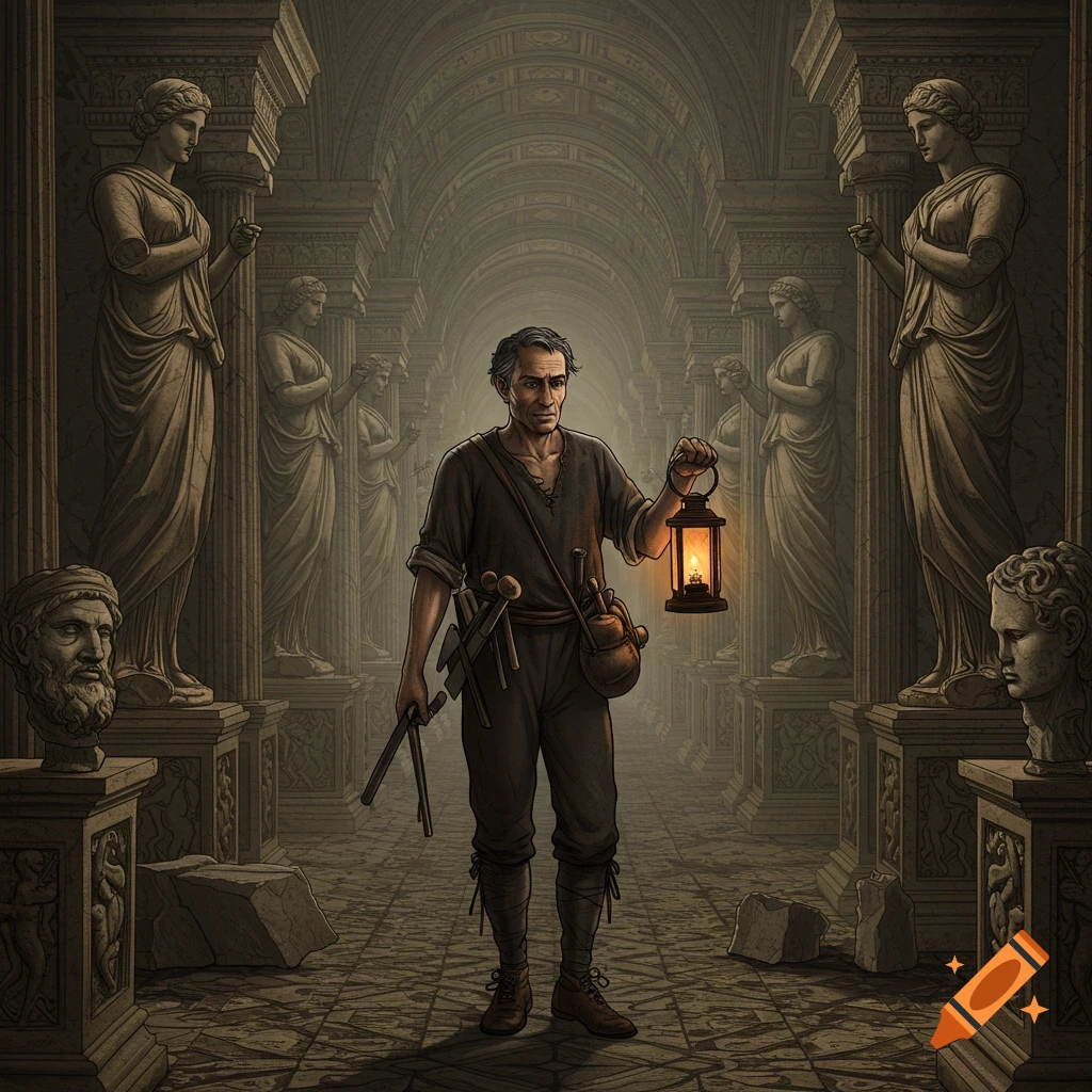 Man with a lantern walking through a dark corridor lined with classical statues and columns