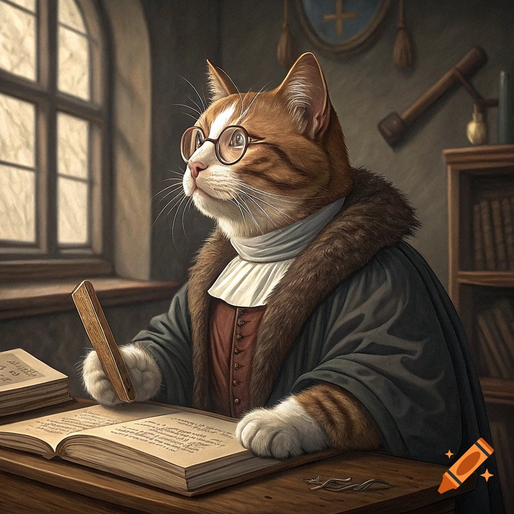 An orange tabby cat dressed as Martin Luther sits at a desk reading a book.