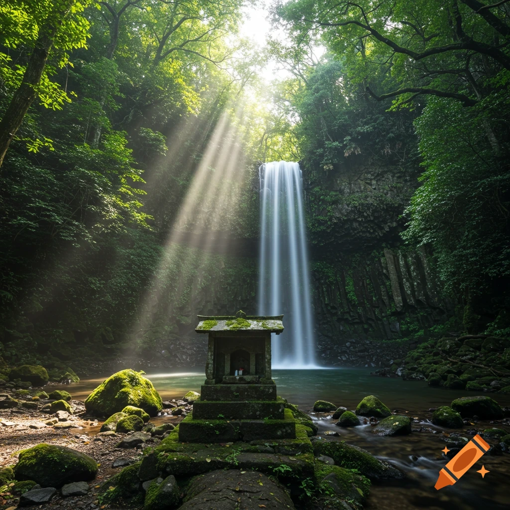 A small stone shrine sits at the base of a tall waterfall cascading into a pool, framed by lush green forest and shafts of sunlight.