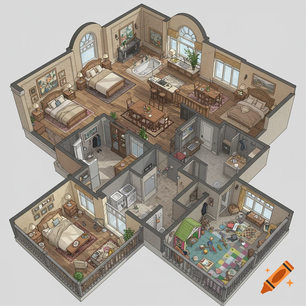 An isometric illustrated floor plan of a large apartment with multiple bedrooms, bathrooms, kitchen, dining, living areas, and balconies.