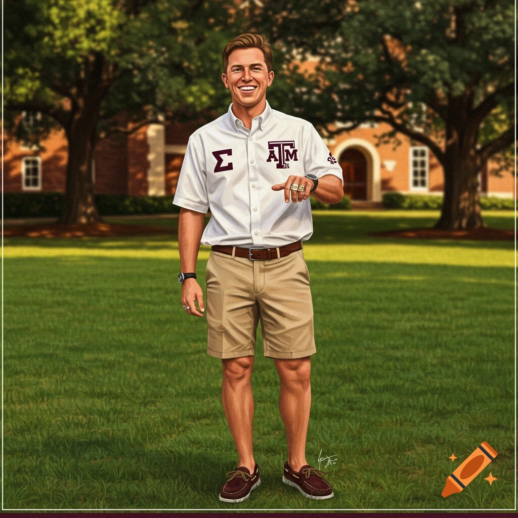 A man in a Texas A&M shirt and khaki shorts is standing on a lawn.