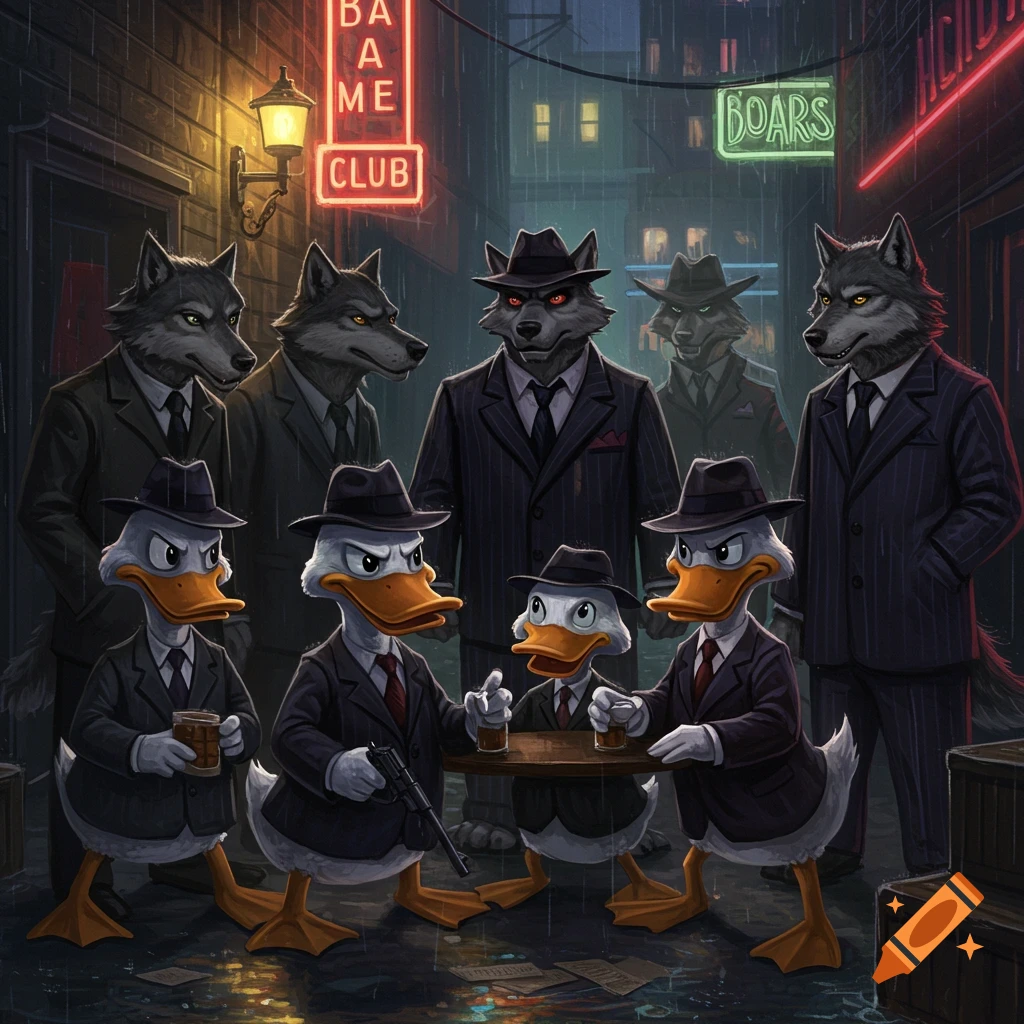 A group of ducks and wolves dressed as gangsters stand in a rainy alley.
