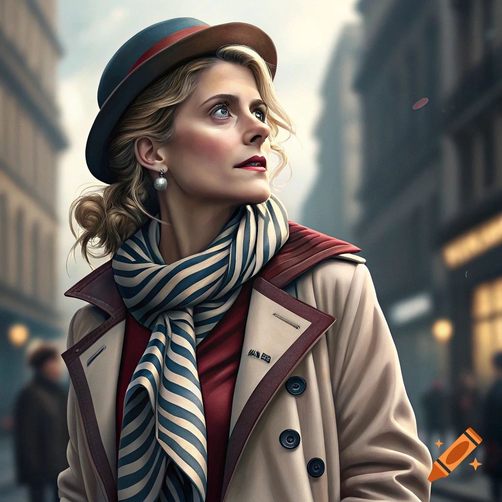A woman in a hat, striped scarf, and trench coat looks up while standing on a blurry city street.