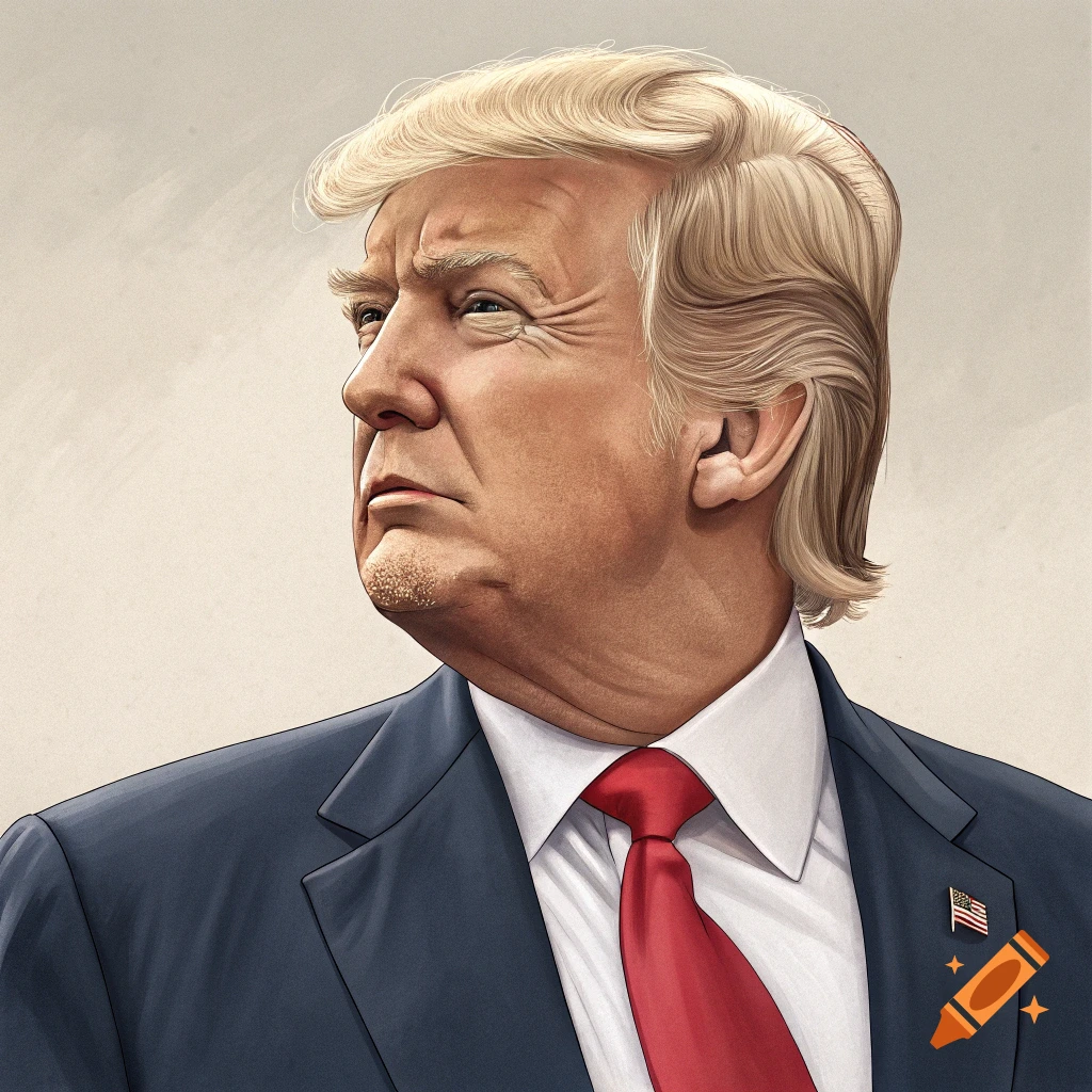 Illustration of Donald Trump in a suit and red tie looking left.