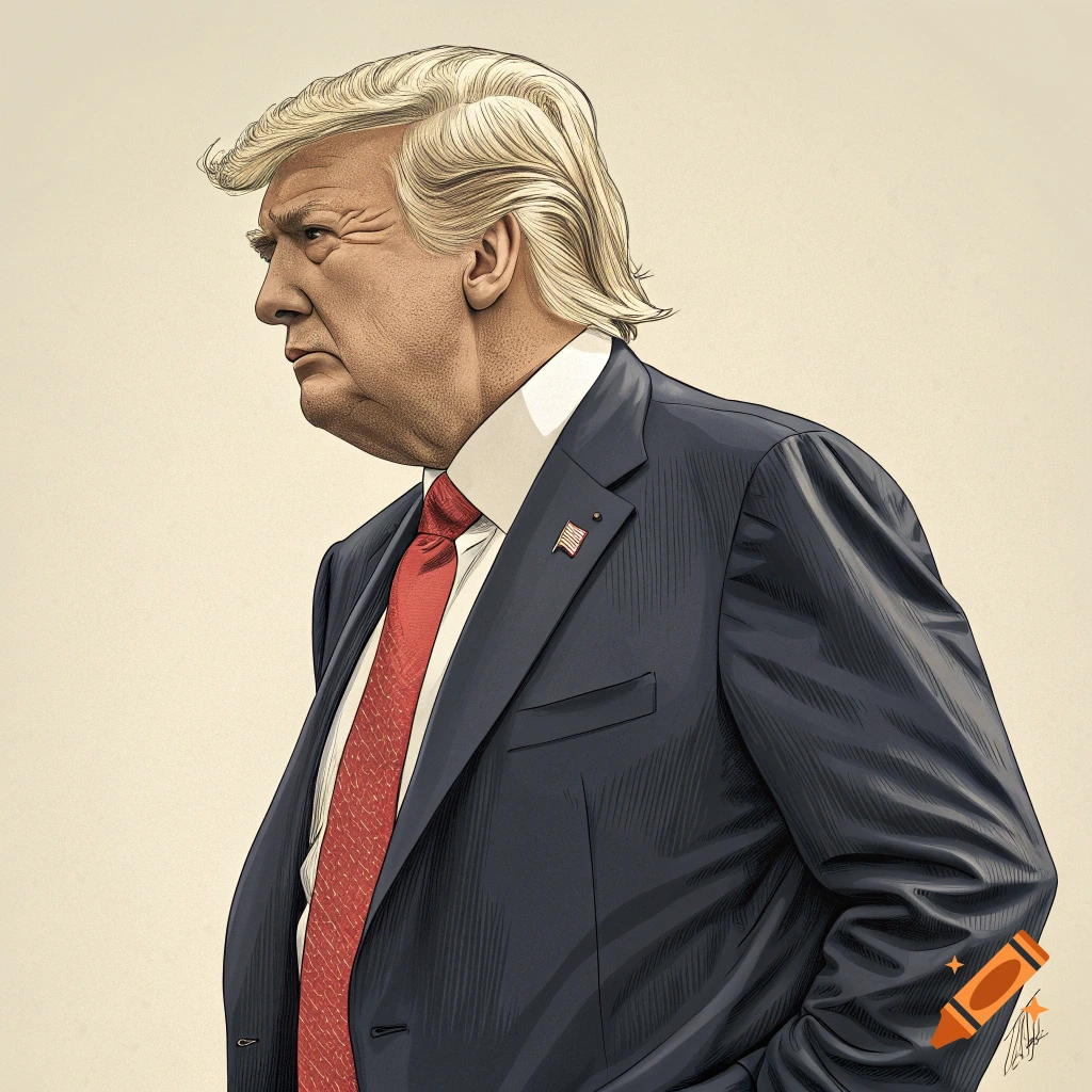 Stylized illustration of Donald Trump in a suit looking left.